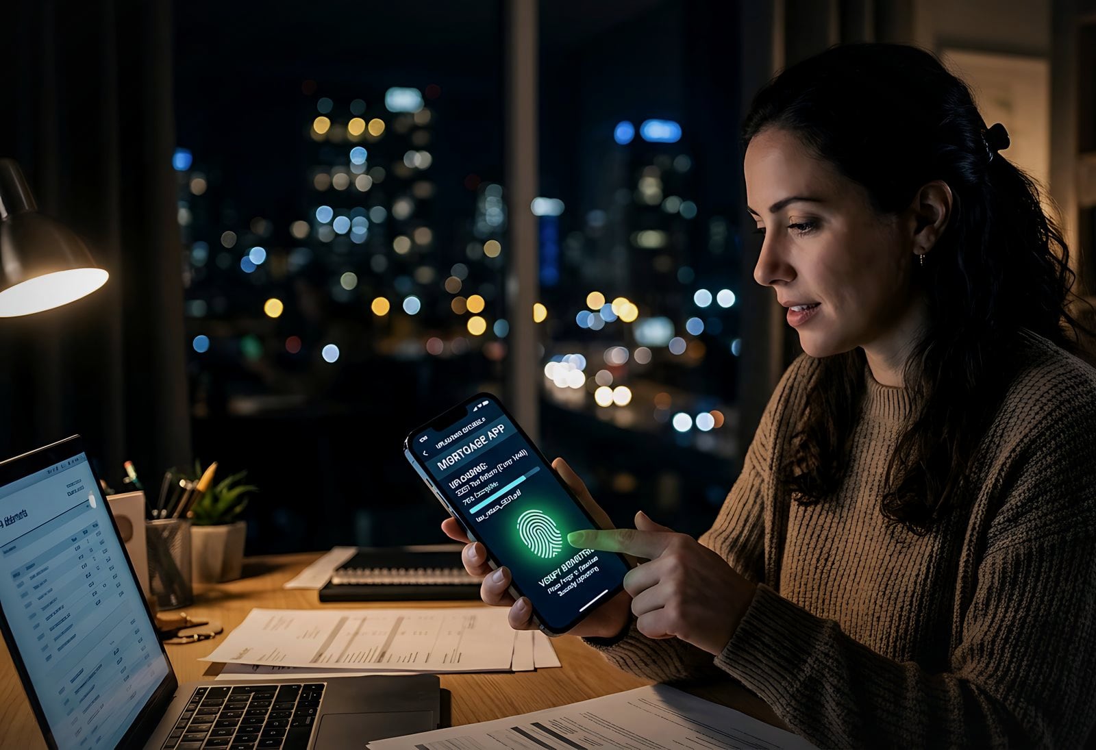 A banking app asking for a fingerprint, used at a desk late in the evening
