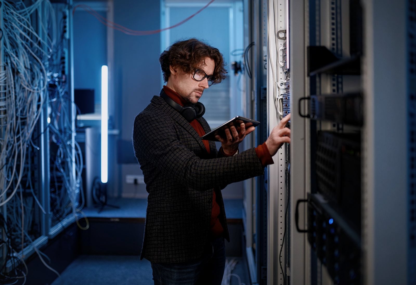 An IT engineer checking a server rack with a tablet in hand