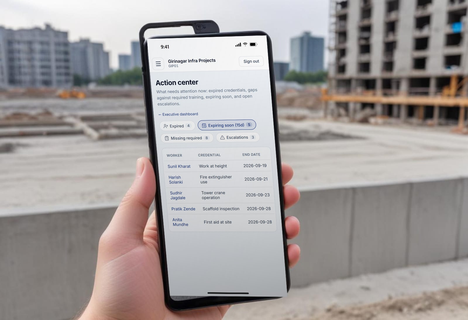 Sazinga Comply in use in construction & infrastructure