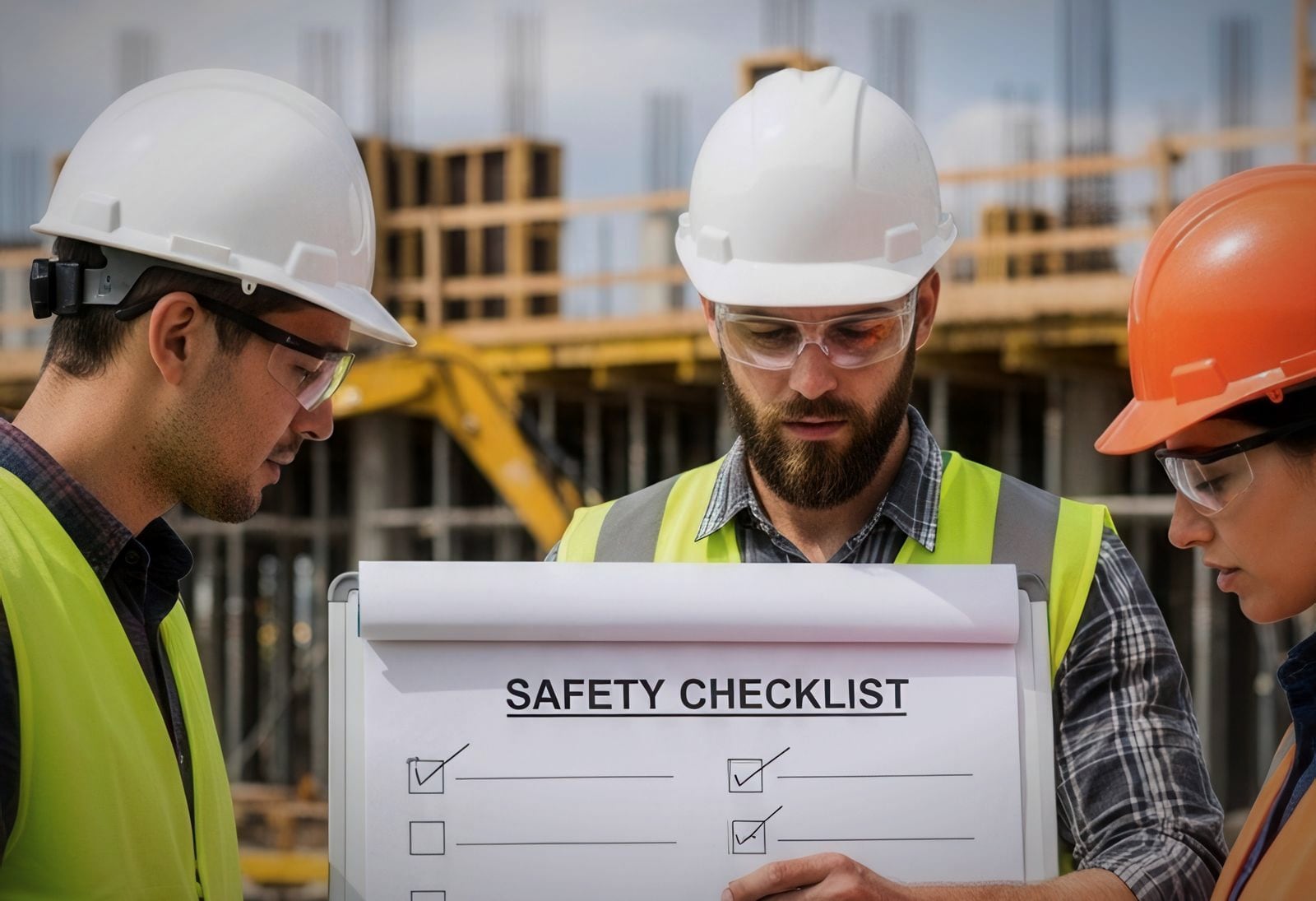 A site team in hard hats and hi-vis at a safety briefing on a construction site