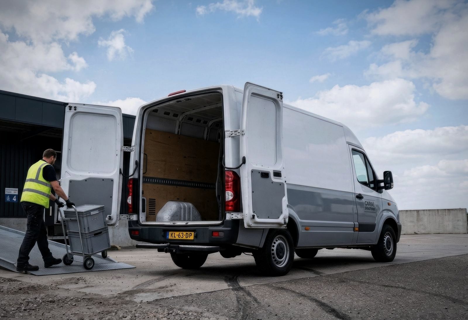 A delivery van being unloaded at a warehouse loading dock