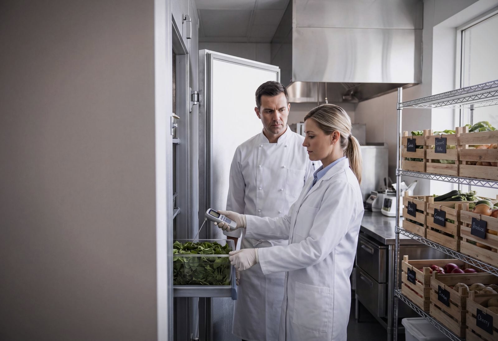 A food-safety inspector checking a restaurant kitchen with a clipboard