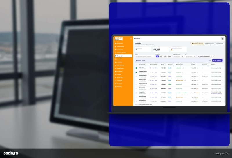 A hire-office worker reviewing the refunds list in Sazinga Rentals on a tablet screen at a counter.