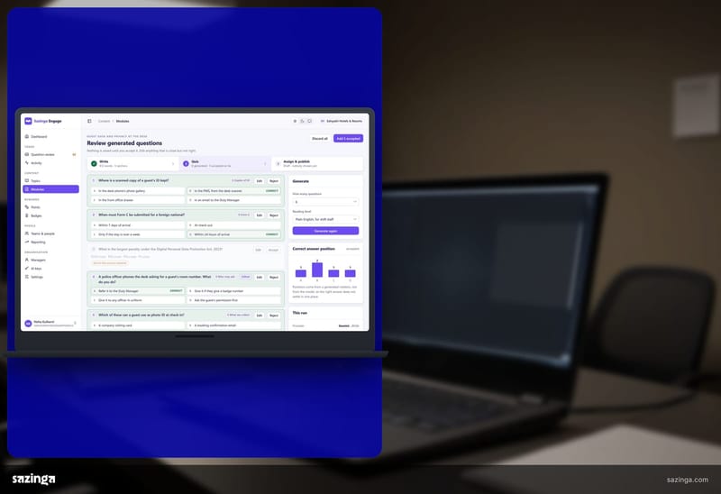 A reviewer at an operations desk checking generated questions in Sazinga Engage on a laptop in an office.