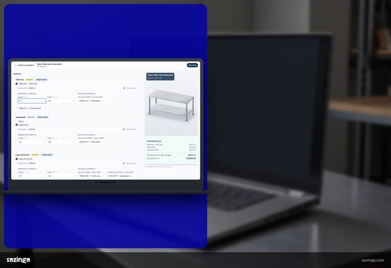 A laptop on a steel bench in a stainless fabrication workshop office; beside it the Sazinga Quote 3D designer showing a model and its calculated price.