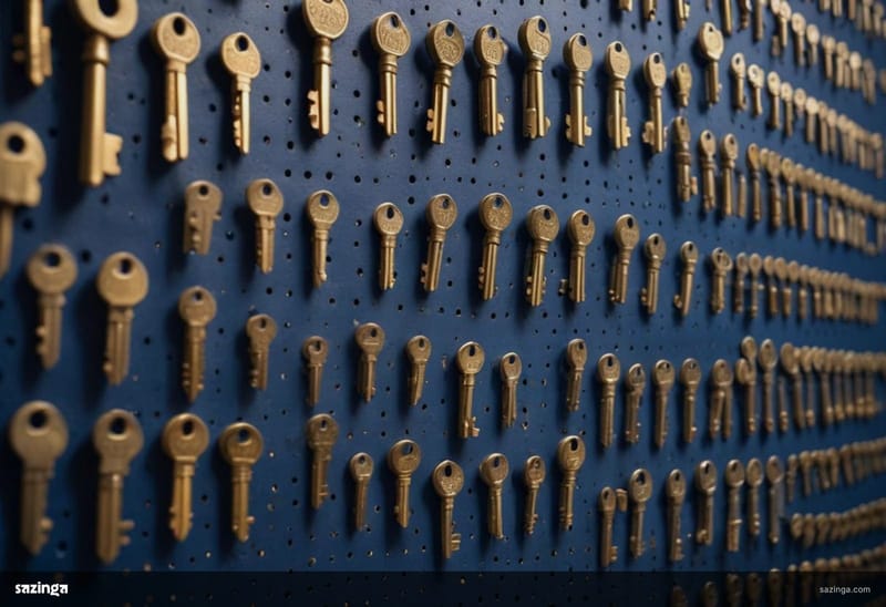 A pegboard wall of identical brass keys hanging in neat rows.