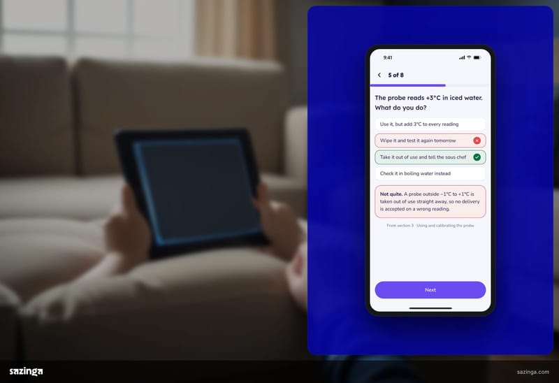 A child's hands holding a tablet on a sofa; beside it a quiz question screen from the children's learning app with an answer marked right and an explanation.