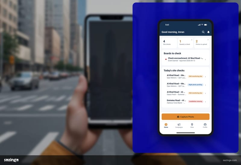 A field user at the kerb checking the task list in the Sazinga AdBoard field app on a phone.