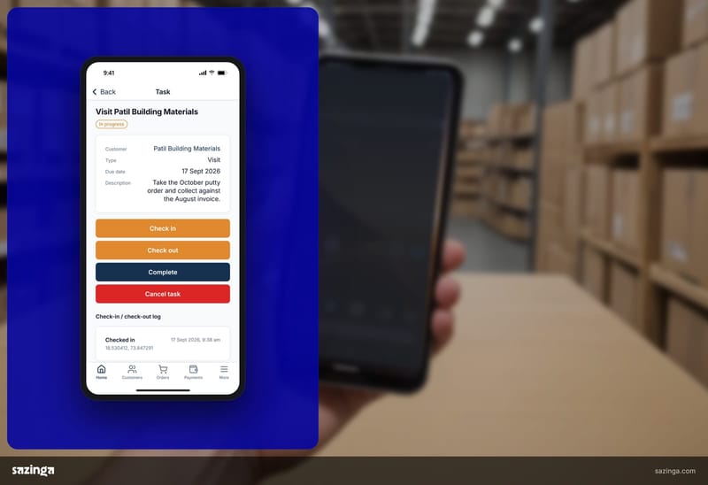 A field user in a warehouse reading the visit check-in screen in Sazinga Field on a phone, with wording that should read as plain sentences.