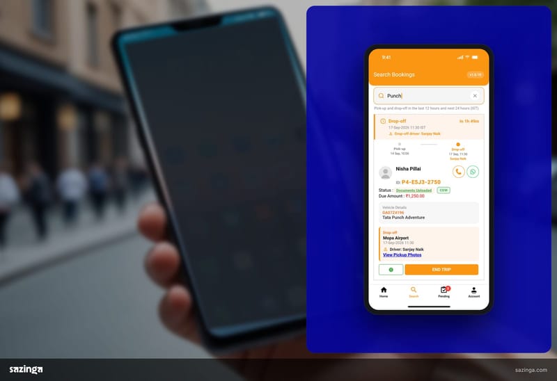 A driver at the kerb holding a phone; beside it the Sazinga Rentals driver app booking card showing the amount still to collect.