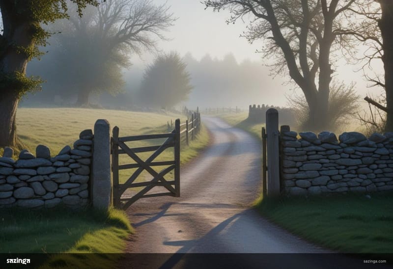 A misty country lane running past an old stone wall and a wooden gate at dawn.
