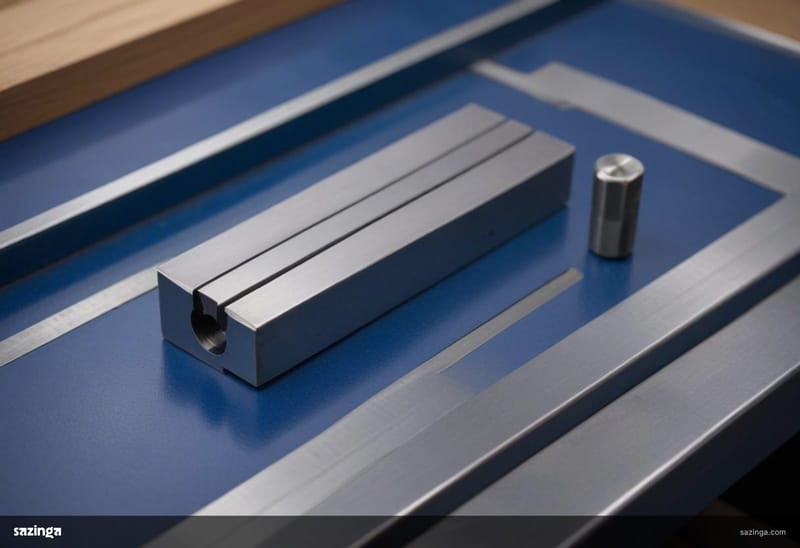 A machined steel gauge block on a workbench with a small steel part beside its slot.