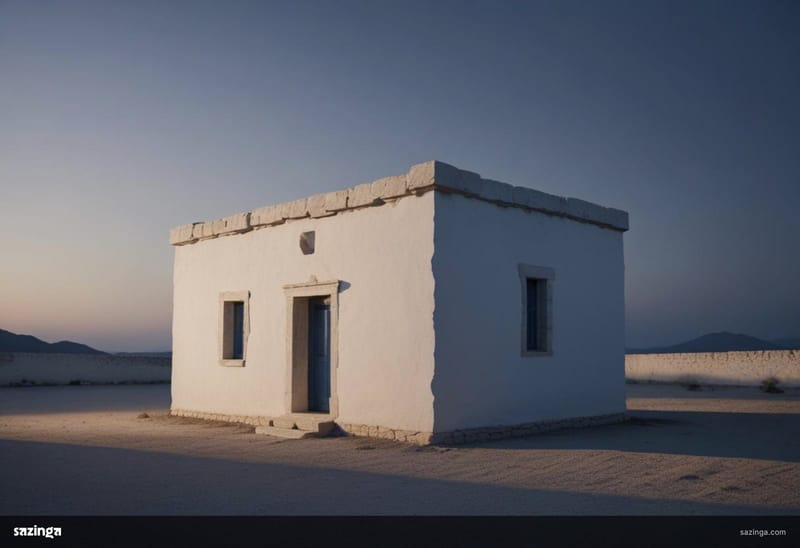 A small whitewashed stone building standing alone on flat ground at dusk.