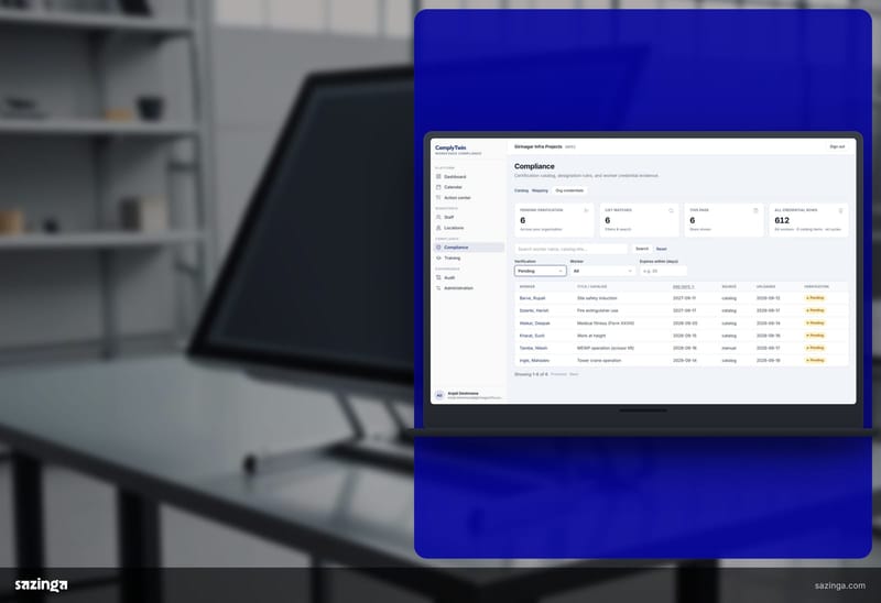 A tablet in a stand in a plant room; beside it the Sazinga Comply credentials list with end dates and verification status.