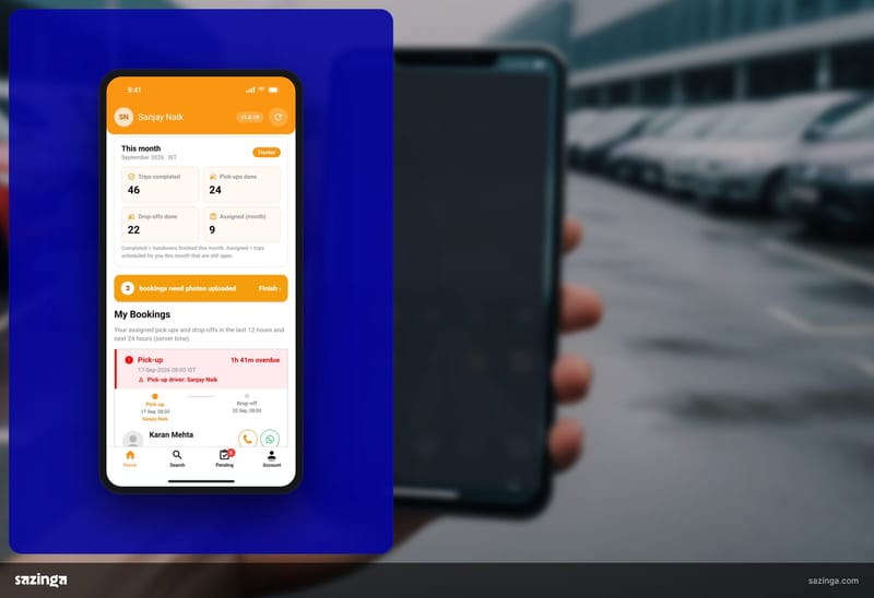 A driver in a rental yard; beside it the Sazinga Rentals driver app home screen with its four monthly tiles.
