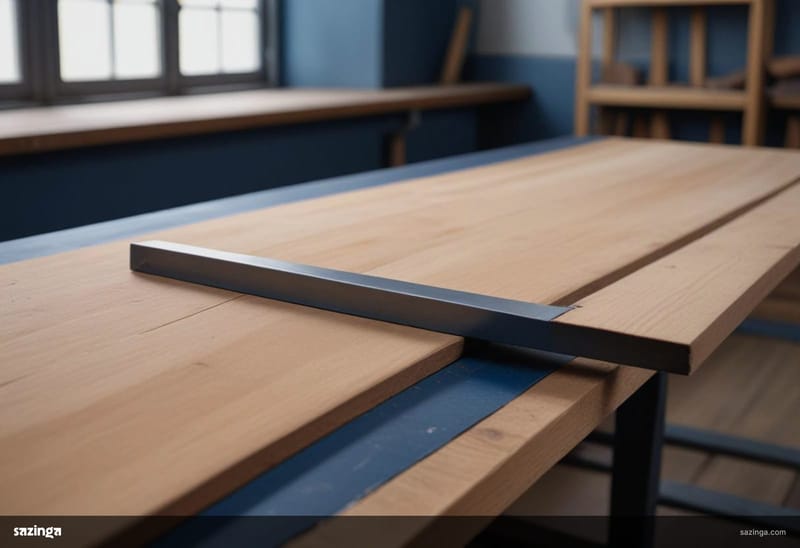 A straight steel bar lying across a wooden plank on a workshop bench.