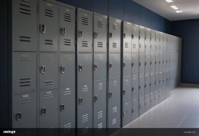 A long wall of identical grey metal lockers in a cool, empty room.