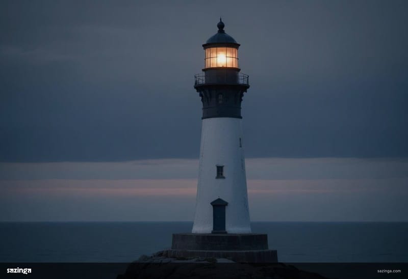 A lighthouse on a rocky coast at dusk with the sea behind it.