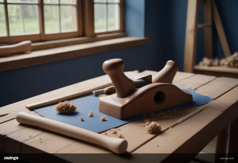 A wooden hand plane resting on a planed plank with wood shavings on a workshop bench.