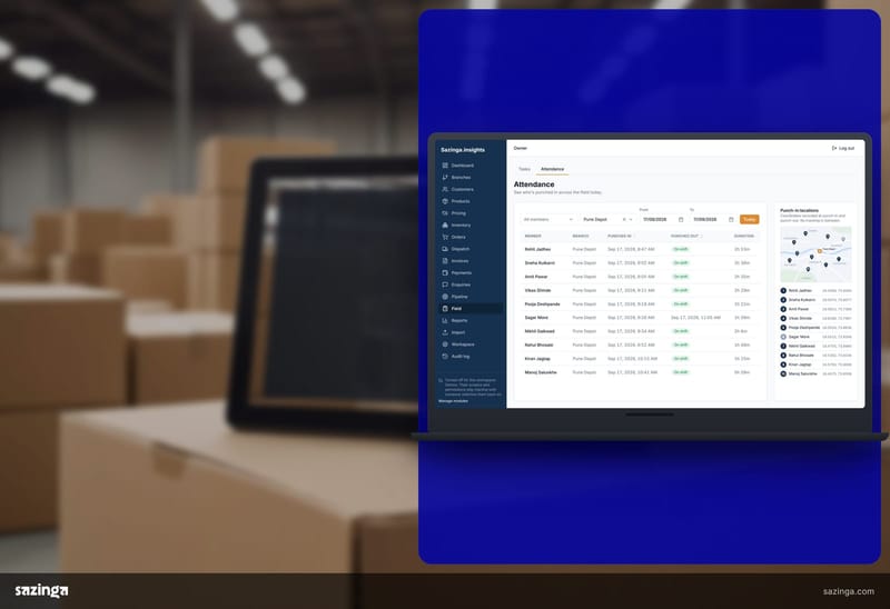 A tablet standing on a carton in a warehouse depot showing the attendance screen of Sazinga Field, with shift hours per person.