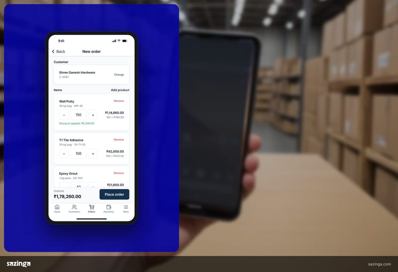 A sales rep in a storeroom between shelves of cartons trying to take an order on the new-order screen in Sazinga Field on a phone.