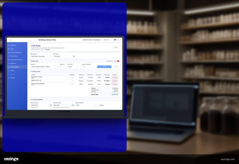 A laptop on a shop counter showing a sale being raised in Sazinga Factory.
