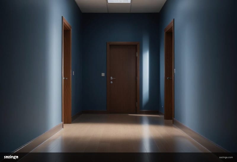 An empty office corridor with plain doors on either side and light on the floor.