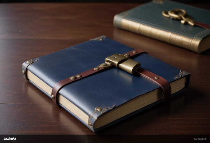 A closed leather-bound ledger with a brass padlock on its strap, on a dark wooden desk.