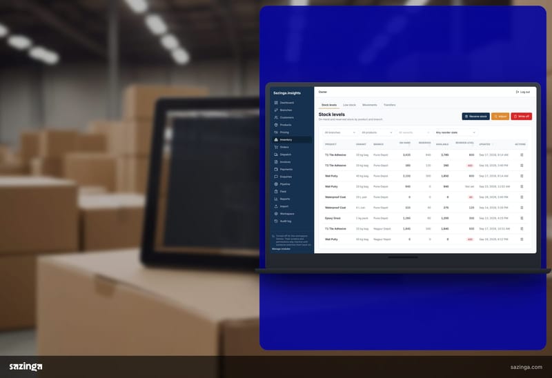 A tablet on a carton in a warehouse depot showing the stock levels screen in the Sazinga Field portal, the data a spreadsheet upload would change.