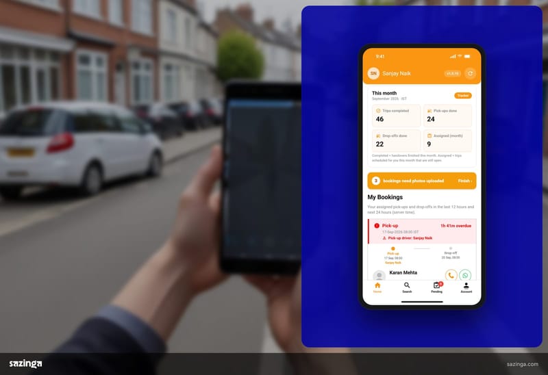 A driver on a residential street checking the bookings list in Sazinga Rentals on a phone.