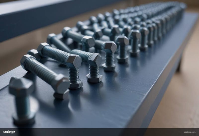 A row of identical steel bolts lined up on a bench in close-up.