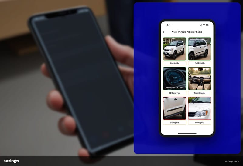 A hand holding a phone in a hire depot; beside it the Sazinga Rentals driver app pickup-photo grid, each photo labelled with the view it shows.