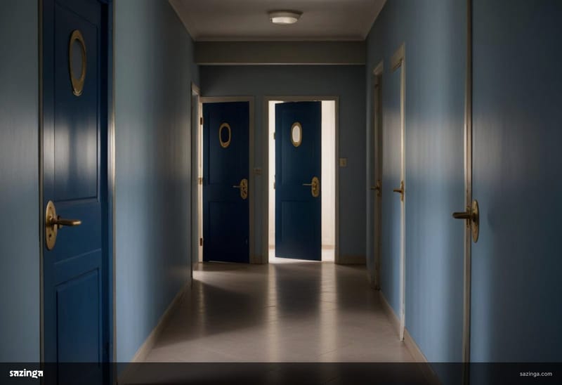 A corridor of identical dark blue doors, each with its own brass handle, one standing open.
