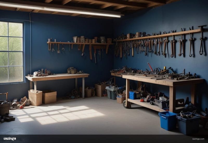 A cleared-out workshop with a nearly bare bench and discarded parts stacked by the wall.