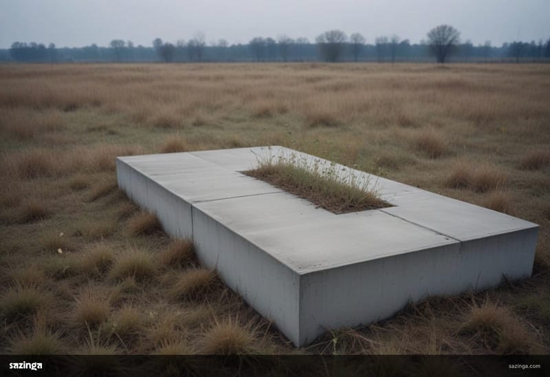 A bare concrete foundation slab on open grassland under an overcast sky.