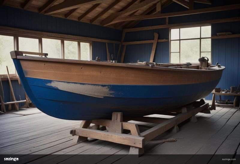 A half-built wooden boat on trestles in a boatyard shed.
