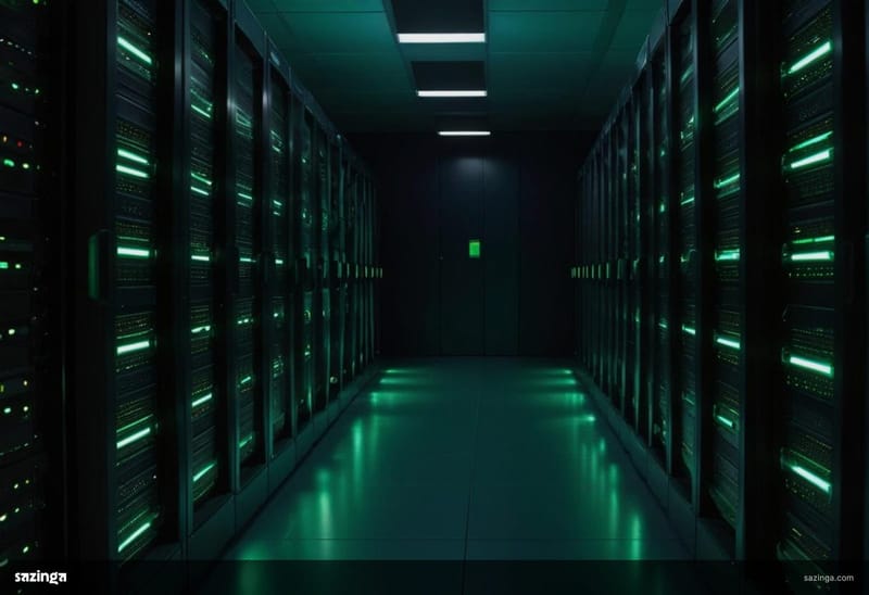 An empty server room aisle lined with racks whose indicator lights all glow green.