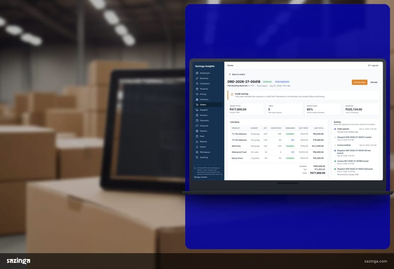 A tablet on a carton in a warehouse depot showing an order detail screen in the Sazinga Field portal.