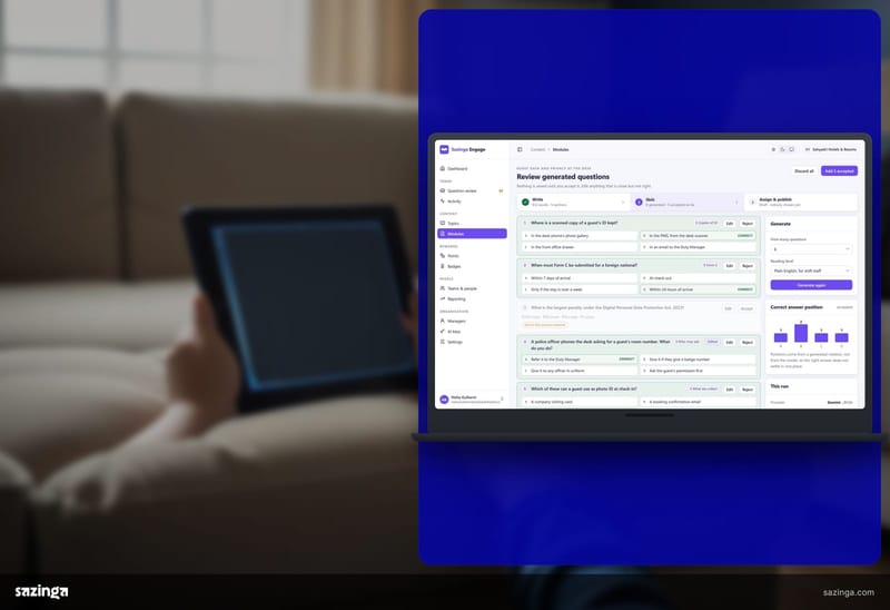 A child's hands holding a tablet showing the Sazinga Engage question review screen, seen from a sofa at home.