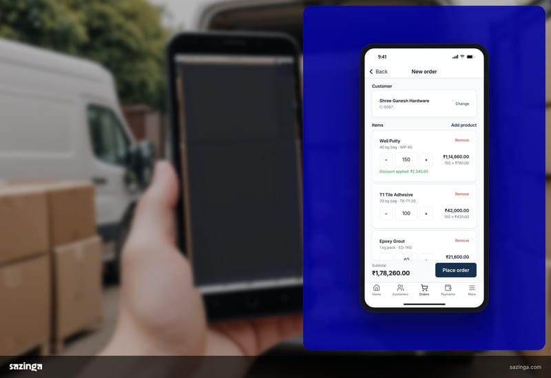 A dealer at the back of a delivery van placing a first order on the new-order screen in Sazinga Field on a phone.