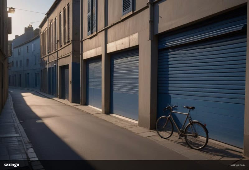 A narrow street at dawn lined with closed roller shutters and one bicycle leaning on a wall.