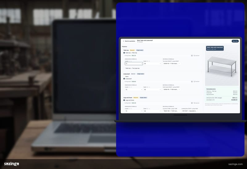 A laptop on a workshop bench showing the product designer in Sazinga Quote, a work table priced from its parts.