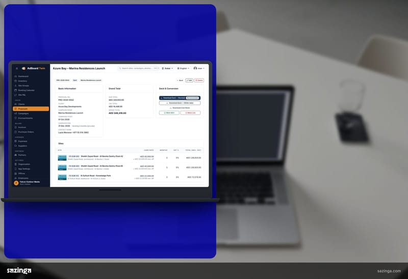 A laptop on a desk in an outdoor media office; beside it the Sazinga AdBoard proposal screen with priced sites, tax total and deck export buttons.