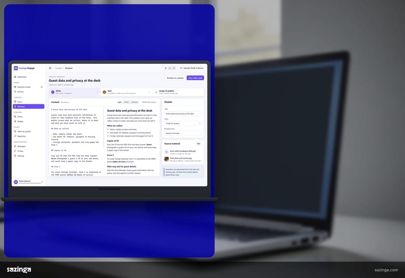 An open laptop on a small office desk in soft window light; beside it the children's learning app's module editor with a module's text and its source material.