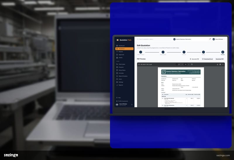 A laptop on a trolley on a factory floor showing the PDF preview of a quotation in Sazinga Quote.