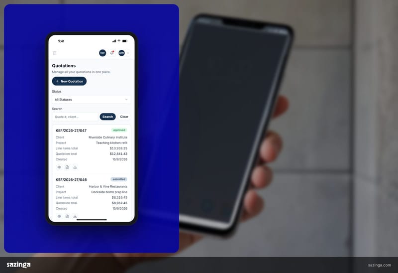 A hand holding a phone showing the quotations list in Sazinga Quote.