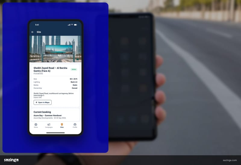 A hand holding a phone outdoors; beside it the Sazinga AdBoard field app site screen with its size, faces, lighting and position.