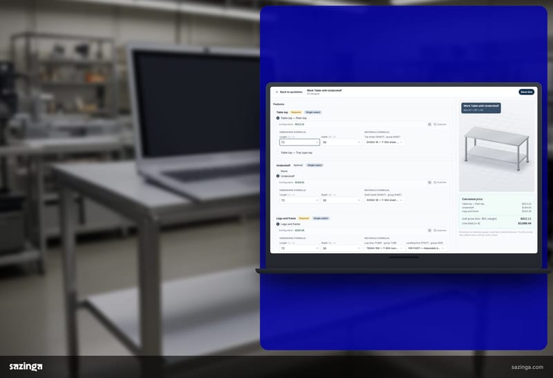 A laptop standing on a finished stainless work table; beside it the Sazinga Quote 3D designer showing a work table with undershelf and its calculated price.