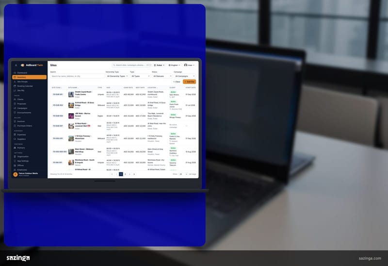 A laptop on a plain desk in a small office; beside it the Sazinga AdBoard sites list with size, location and photograph for each site.
