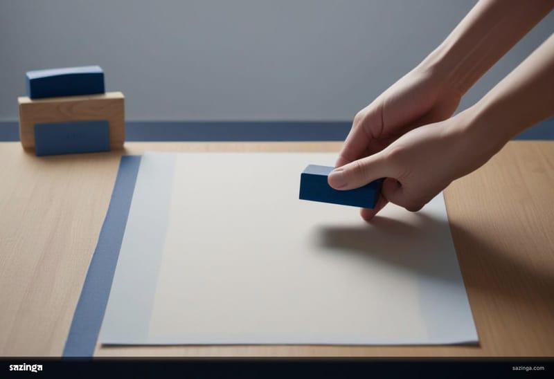 A hand pressing a blue stamp onto a blank sheet of paper on a wooden desk.